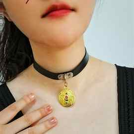 可爱水冰月 欧美圆形彩钻皮项圈朋克暗黑少女JK锁骨链元素 choker