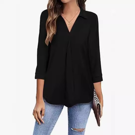 2024 Cross-Border Women's Clothing Amazon Spring and Summer Loose Chiffon Three-Quarter Sleeve Shirt Casual V-Neck Top Elegant and Stylish