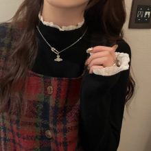 甜妹纯欲风长袖T恤女蕾丝边半高领打底衫德绒加厚加绒内搭上衣服