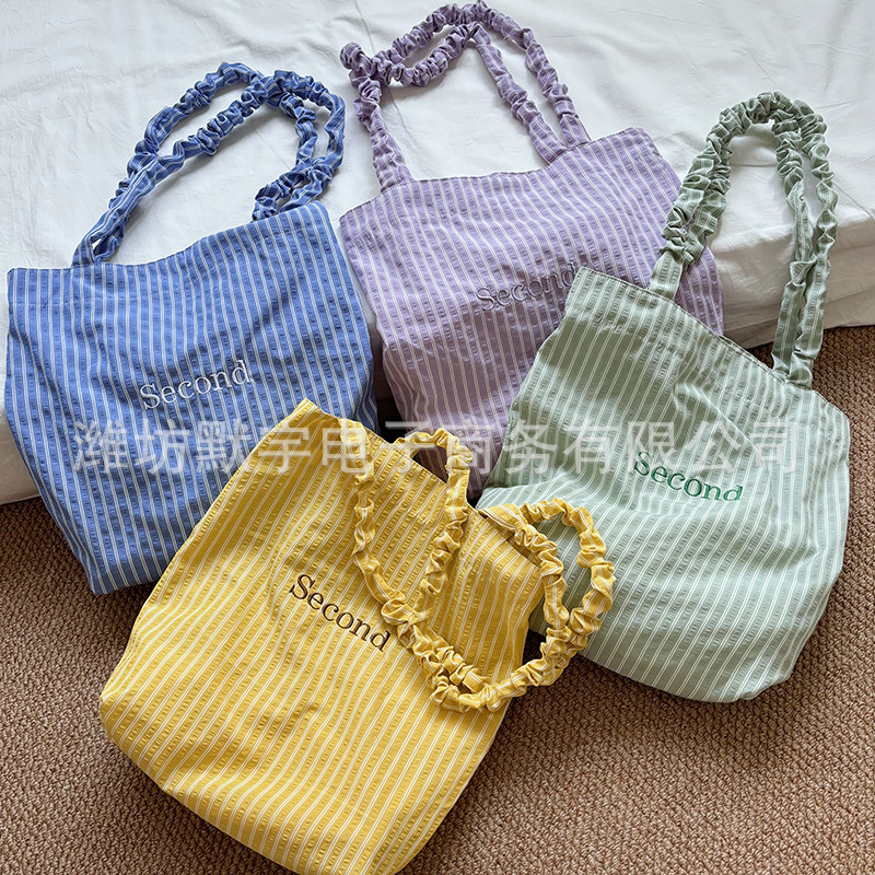 Bofan Liangpin/Korean Versatile Pleated Shoulder Bag Large Capacity Plaid Letter Embroidered Canvas Bag Fresh Women's Bag