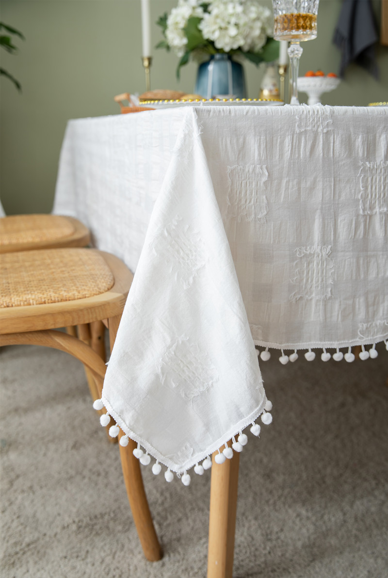 French Romantic Cotton Cut Flower White Pom-Pom Tablecloth Rectangular Coffee Dining Cloth Table Cover_voghion.com