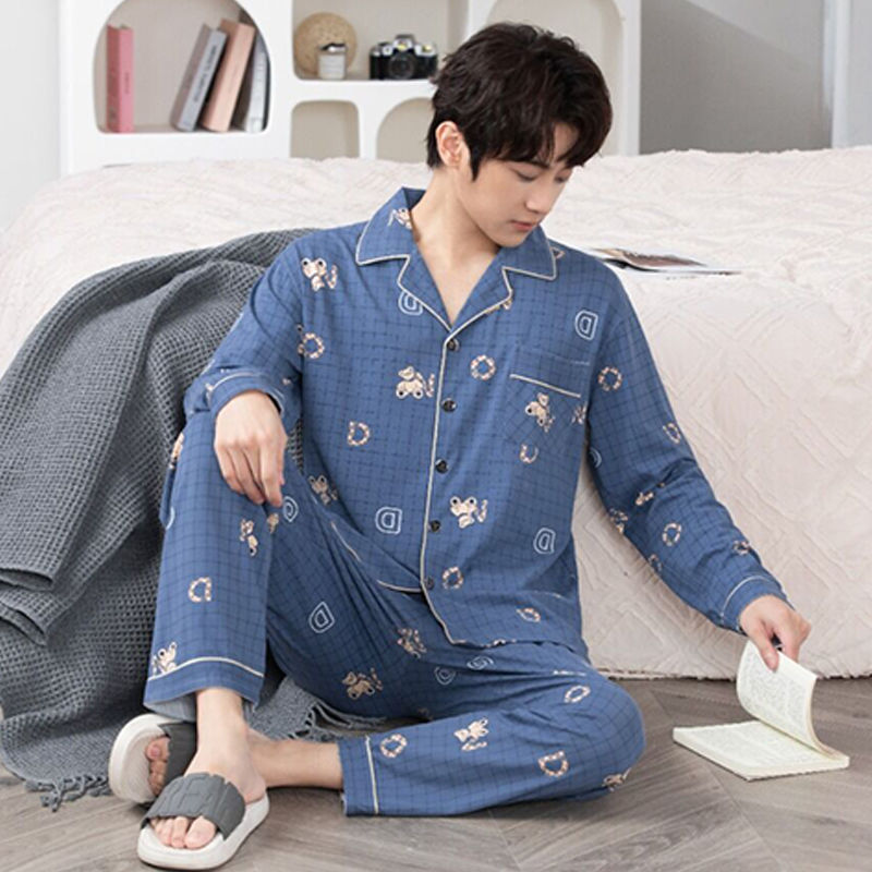 Pijamas de algodón de los hombres de primavera y verano Pantalones delgados de manga corta cardigan niños pueden usar fuera más tamaño homewear de verano