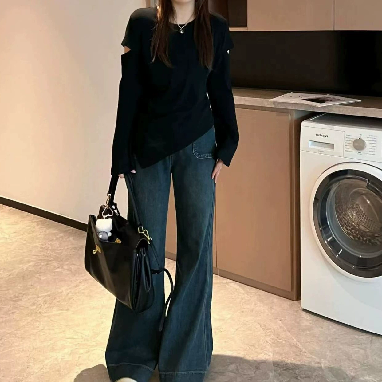 Большой размер с игроками слегка толстая женская одежда осенью 2025 года тонкая пригородная топ с длинными рукавами черный другой спандекс