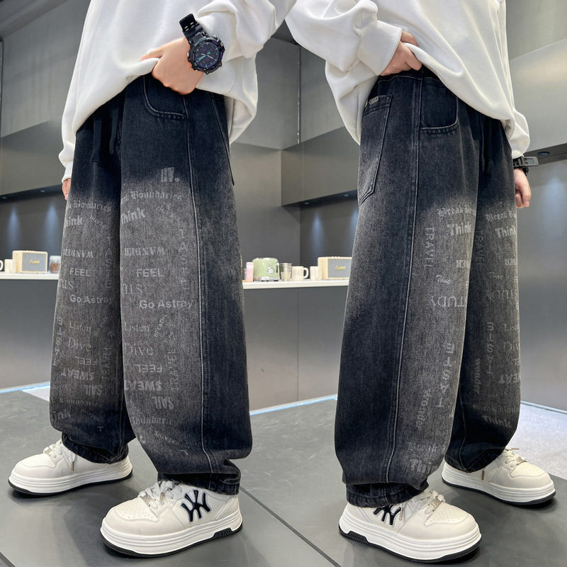 Children's Clothing Boys' Jeans Spring and Autumn 2025 New Style for Older Boys, Stylish Loose Straight-Leg Pants Long Pants