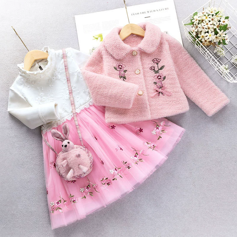 Demi-season warm dress, skirt, set, velvet children's down jacket, small princess costume, children's clothing