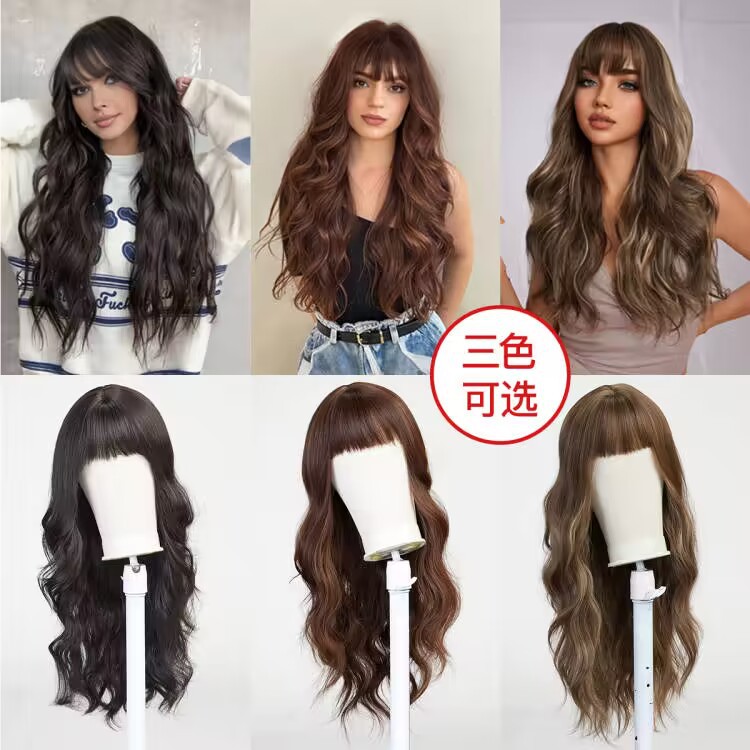 Peluca de pelo largo de las mujeres cubierta de la cabeza completa flequillo de aire natural superior largo pelo rizado moda perezoso agua ondulación peluca
