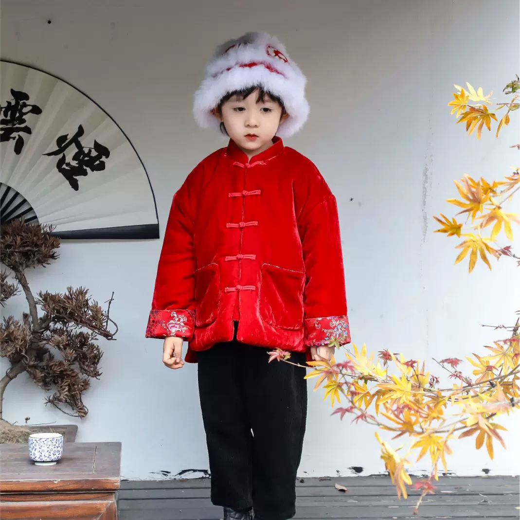 2024冬季新款宝宝红色丝绒棉衣改良汉服男童中国风拜年服
