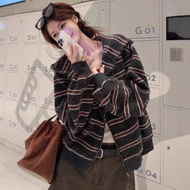 慵懒风撞色条纹连帽长袖卫衣女秋冬季设计感百搭宽松显瘦外套开衫