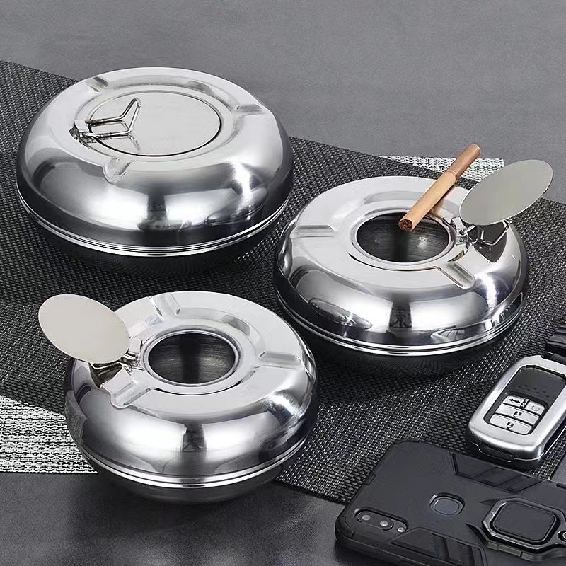 (2개) 뚜껑이 두꺼운 사무실 거실 침대 옆 화장실이있는 YF-010 스테인레스 스틸 재떨이 방풍 유행 라운드 재떨이