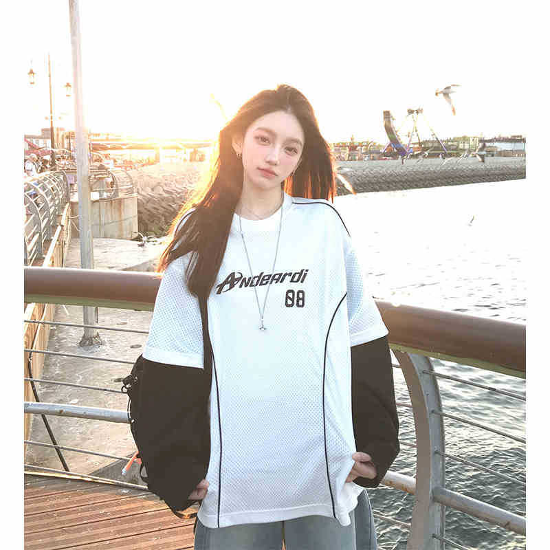 ANDEARDI デザイン偽ツーピースコントラストカラーステッチ長袖 T シャツ女性の夏軽量通気性ジャージスタイルトップ|undefined