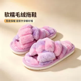跨境热销交叉毛毛拖鞋女外穿防滑室内厚底居家毛茸茸棉拖鞋批发