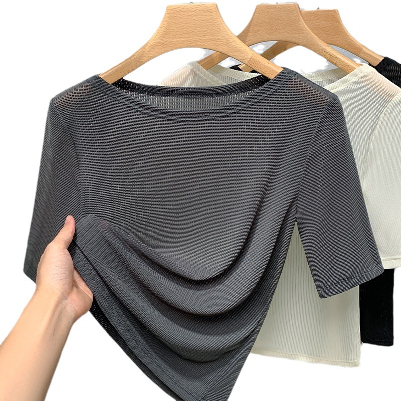 Camiseta de mediados de manga de las mujeres 2023 nuevas mujeres europeas elegante fuera del hombro de malla de color sólido de la cintura-apretado tramo superior image 5