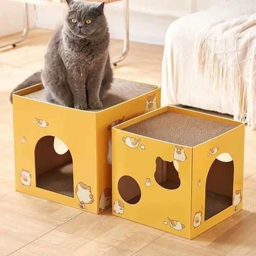 Square Cat Bed Wholesale Manufacturer with Built-in Corrugated Paper Replaceable Scratching Post for Cats - Foldable Cat House