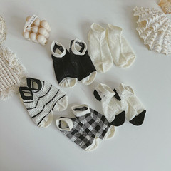 夏季新款網眼薄款簡約風黑白格子條紋兒童襪子男女童船襪水晶絲襪