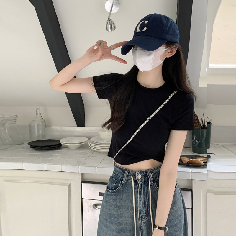 纯棉t恤女夏季短款短袖高腰辣妹修身显瘦纯色正肩短袖上衣打底衫|undefined