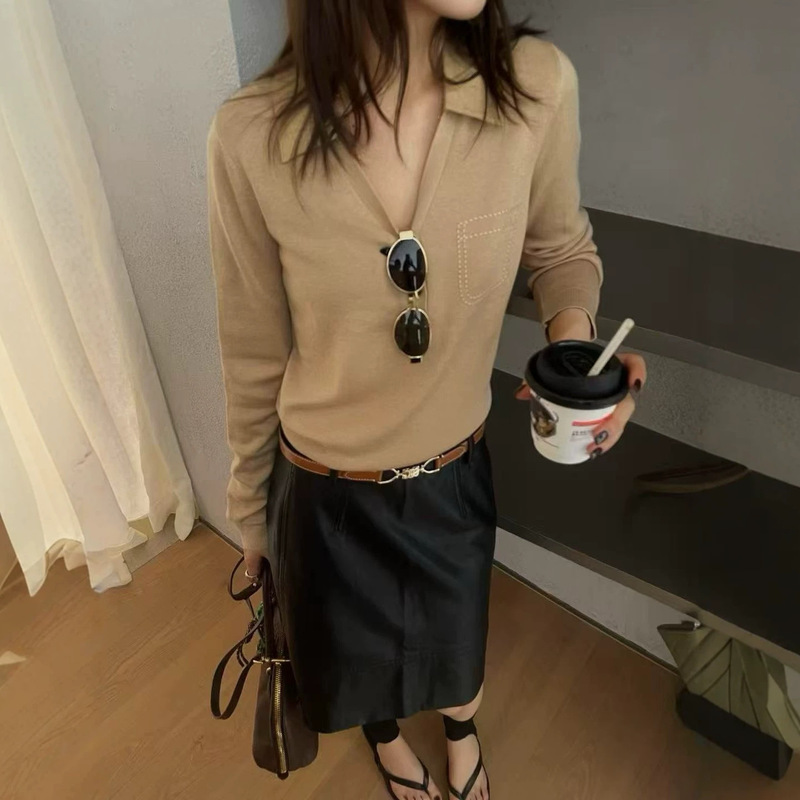 New autumn collection: Elegant, comfortable, casual, collared woolen sweater with pockets, seagull collar, fine wool knitwear, sophisticated style New autumn collection: Elegant, comfortable, casual, collared woolen sweater with pockets, seagull collar, fine wool knitwear, sophisticated style