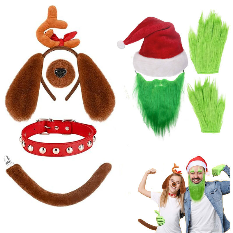 2025 クリスマス鹿の角ヘアバンド、ぬいぐるみ犬耳付きクリスマス帽子、レッグウォーマー、手袋、漫画犬コスプレ|undefined