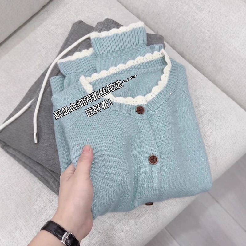 Light Blue Lace Round Neck Long-Sleeved Knit Sweater Top for Women Autumn and Winter New Korean Style Gentle Style Small Cardigan A7884 Light Blue Lace Round Neck Long-Sleeved Knit Sweater Top for Women Autumn and Winter New Korean Style Gentle Style Small Cardigan A7884