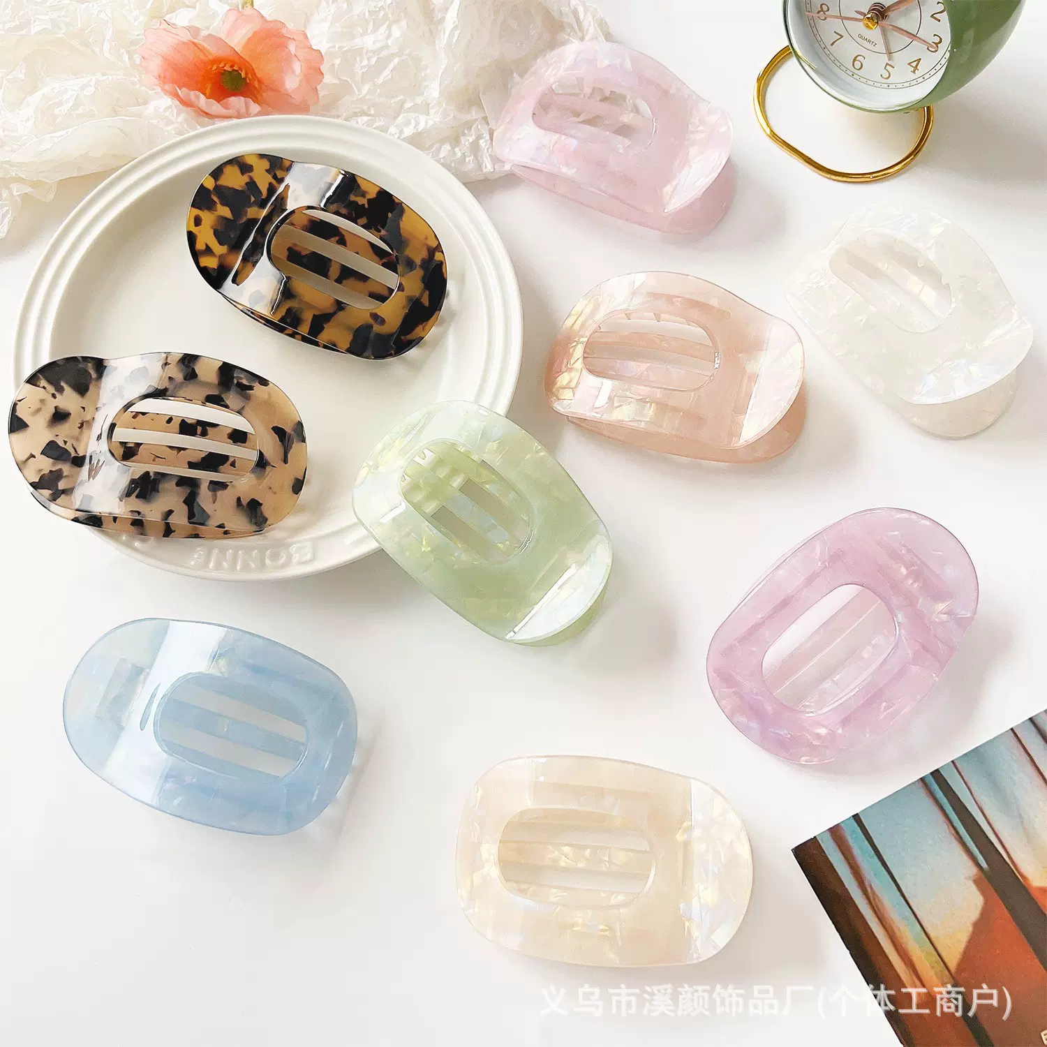 跨境抓夹扁平圆形夹醋酸发夹半扎发后脑勺盘发夹子发抓鲨鱼夹发饰