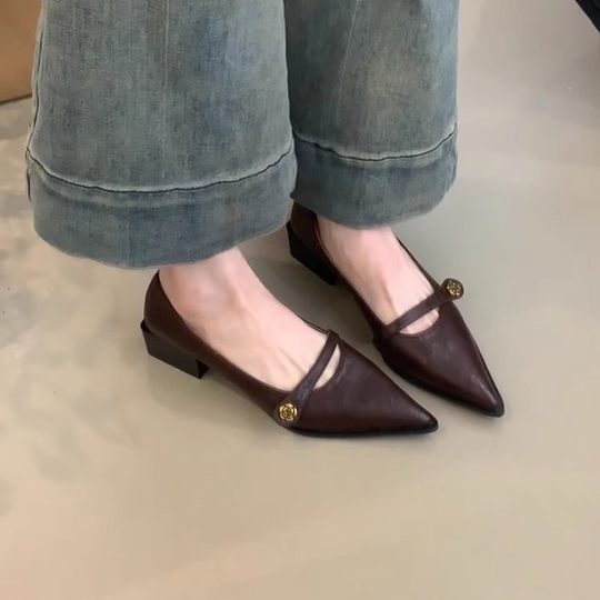 Long Legs Uncle ~ Leather Camellia Coarse Heeled Shallow Mouth Single-layer Shoes Women's Pointed Elegant Mary Jane Shoes Women's 2025 New