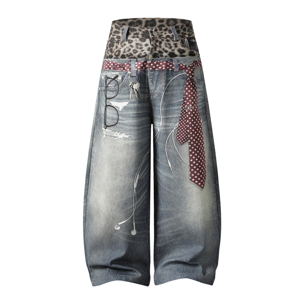 Jeans uomo larghi patchwork stampa leopardata stile hip hop_voghion.com