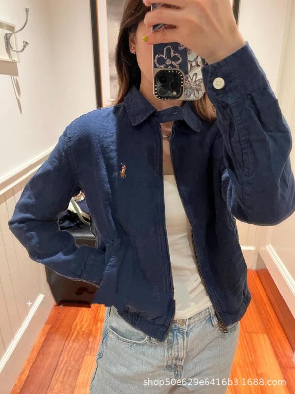 美式复古拉夫小马刺绣亚麻短外套女薄款翻领RL同款老干部夹克衫|undefined