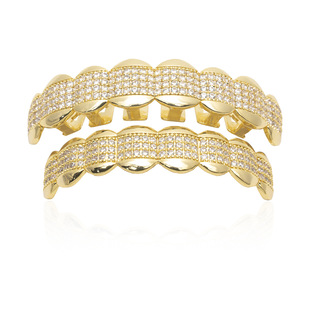 Cross-Border Teeth Grillz Eight-Tooth Full Zirconium Side Smooth Hip-Hop Braces Personalized Halloween Gold Teeth