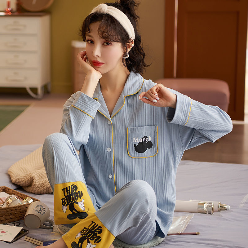 100% pijamas de algodón Primavera y otoño de las mujeres de manga larga coreana dulce princesa estilo cardigan desgaste del hogar traje de dos piezas