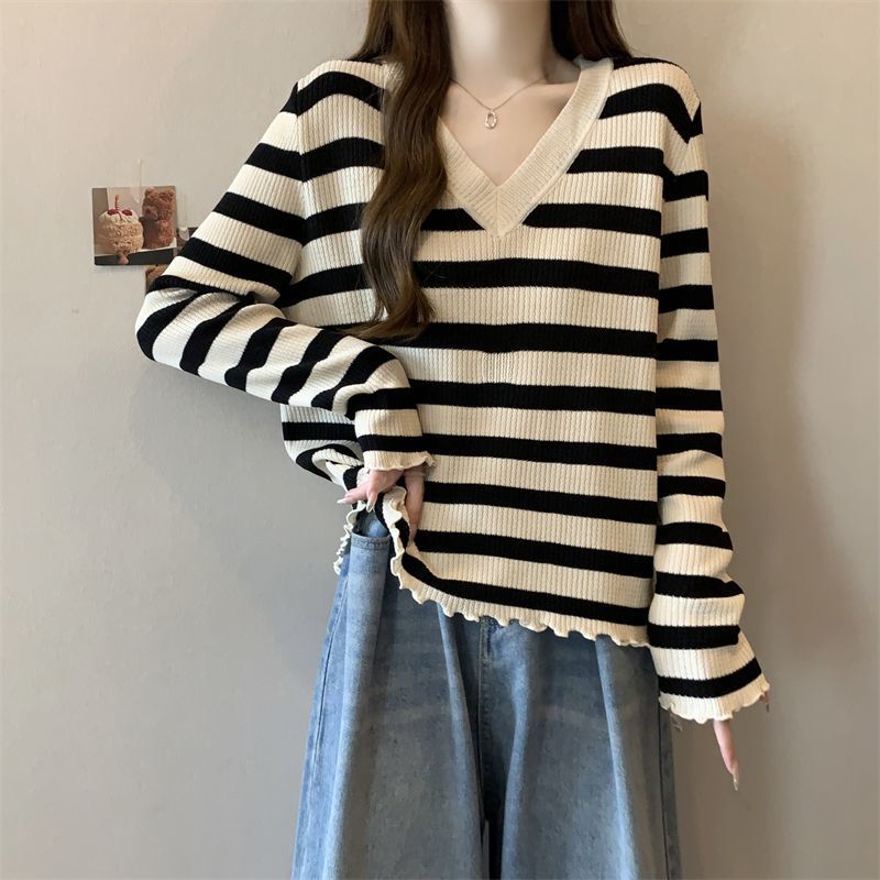 Plus Size Women's Striped Collar Long-Sleeved Tops for Autumn, Fat and Slimming, Belly-Covering Inner Layering Shirts