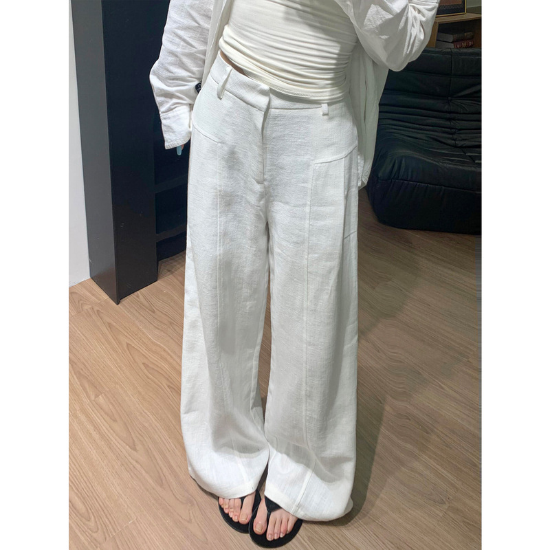 White Ice Silk Linen Suit Pants for Women, Summer New High-Waisted Drape Casual Pants, Loose Lazy Cotton Linen Wide-Leg Pants White Ice Silk Linen Suit Pants for Women, Summer New High-Waisted Drape Casual Pants, Loose Lazy Cotton Linen Wide-Leg Pants