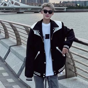 Autumn New Internet Celebrity Leather Jacket Fashionable Stitching Handsome Couple Baseball Suit Jacket Casual Student Jacket Men