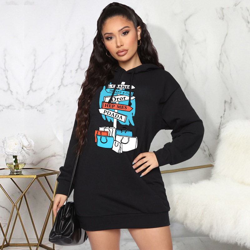 Autumn Winter Fleece Sweater Women Floral Print Hooded Mid Length Top