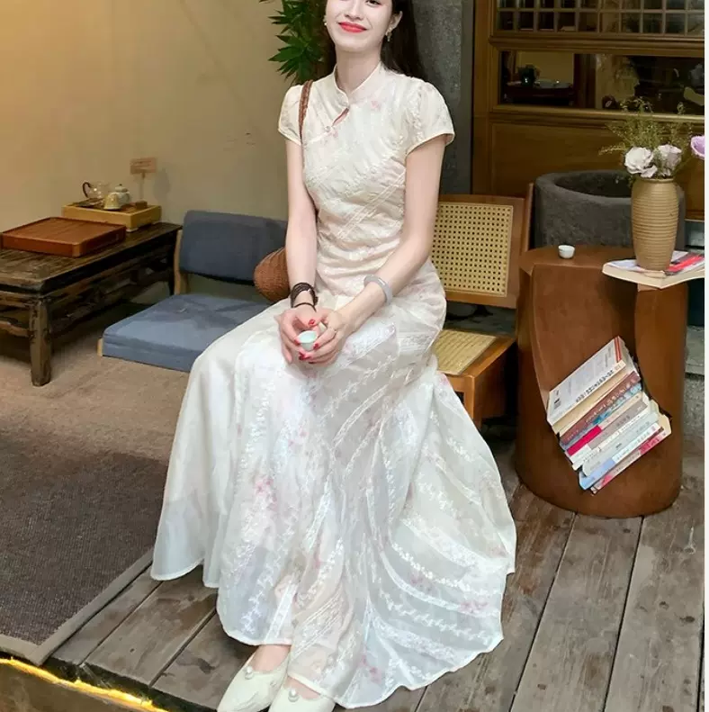 2025夏季新款粉黛新中式碎花改良旗袍连衣裙绝美长裙