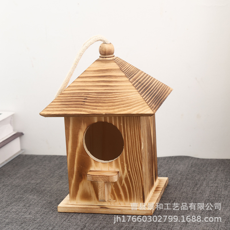 现货新款木质鸟窝喂鸟器户外鸟屋鸟巢装饰烧色田园实木可悬挂鸟笼|undefined