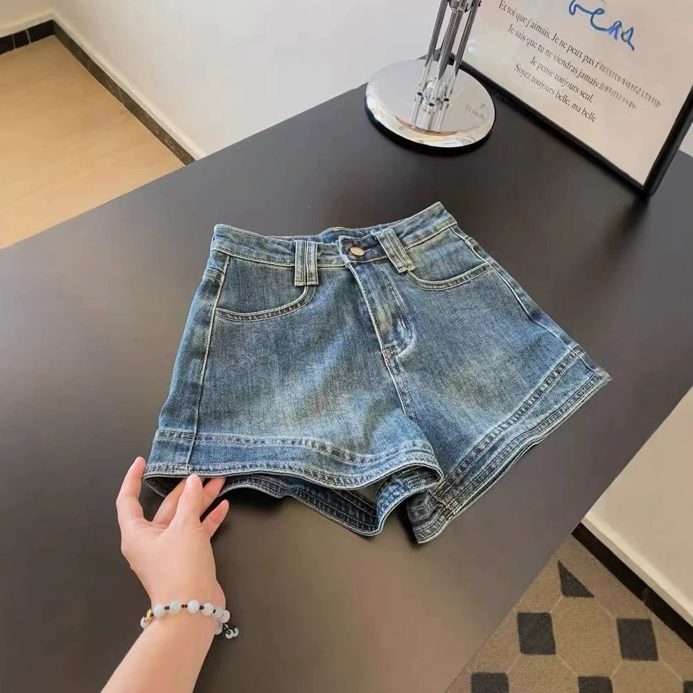Новые синие джинсовые шорты в стиле ретро для женщин, миниатюрные утягивающие шорты трапециевидной формы, летние тонкие стильные шорты