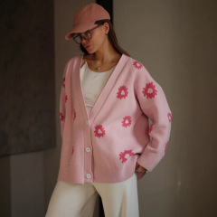 2025秋冬新款宽松清新甜美小雏菊提花开衫毛衣女撞色V领针织外套
