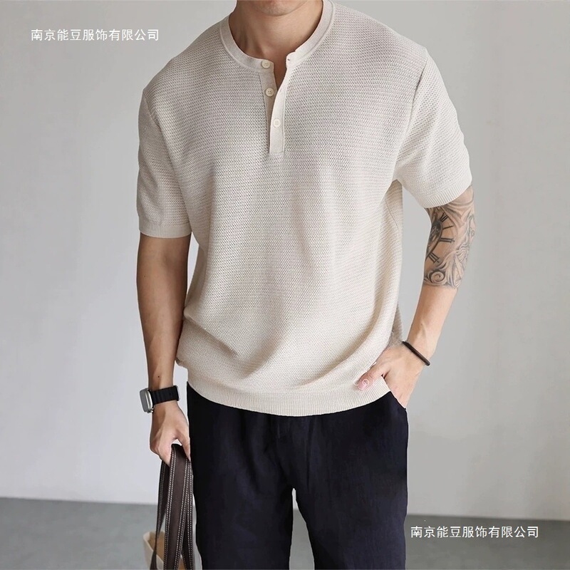 New Linen-Blend Knitwear Short-Sleeved Men's Summer Light Business Commuting Wear Henley Collar Shirt