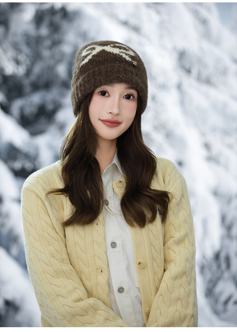 Swee Cue Bow Jacquard Knied Beanie Auumn Winer Lierary Versaile Large Head Circumference Wool Cold-proof Warm_voghion.com