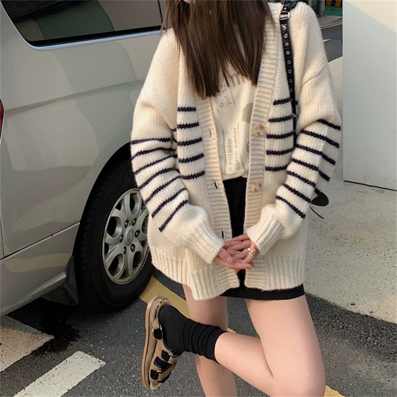港味复古撞色条纹针织开衫外套女秋冬女装宽松慵懒风休闲V领毛衣|undefined