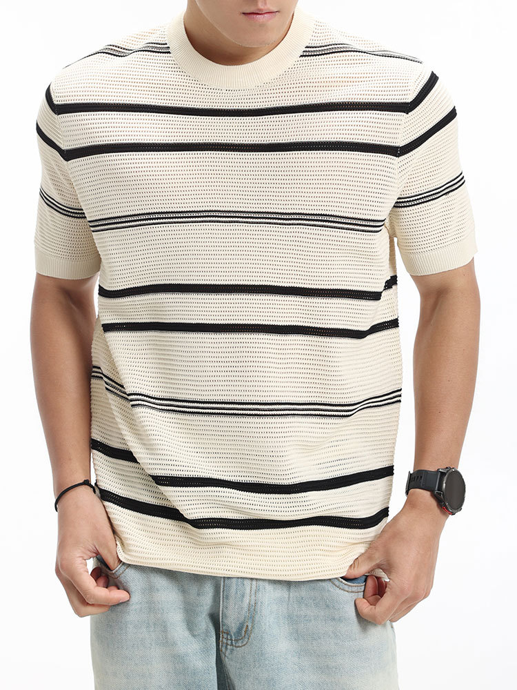 Verano hombre de alta sensación nueva camiseta de punto de seda de hielo de manga corta hombre de moda pesada camiseta de cuello redondo casual ropa de hombre