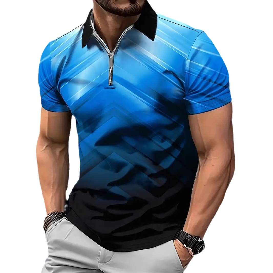 Tecnología de venta caliente halo de color degradado impresión 3D hombres calle alta todo-fósforo solapa hombro ancho ancho cremallera suelta camisa POLO