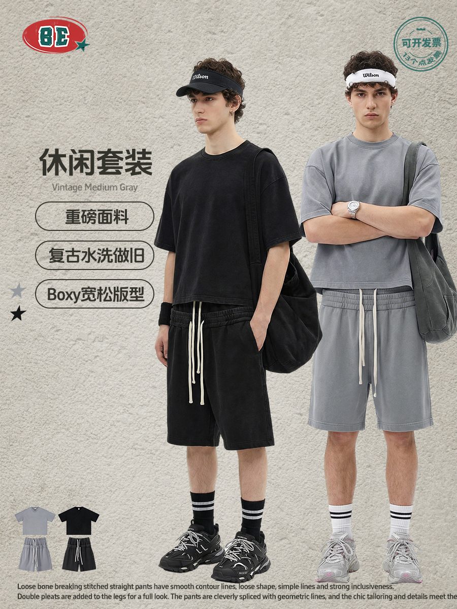 Be Hombres| Retro americano lavado en agua camiseta de mangas cortas pantalones cortos BOX dos piezas conjunto hecho viejo traje casual hombre