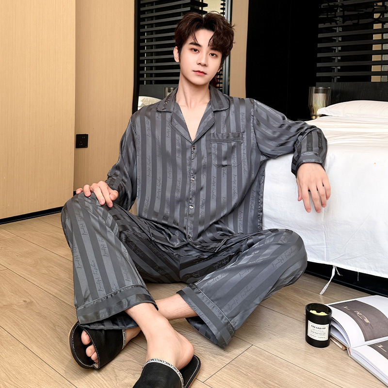 Daisy An pajamas, ice silk long-sleeved long pants, jacquard satin home wear, men's cardigan set, spring and autumn striped letter pattern