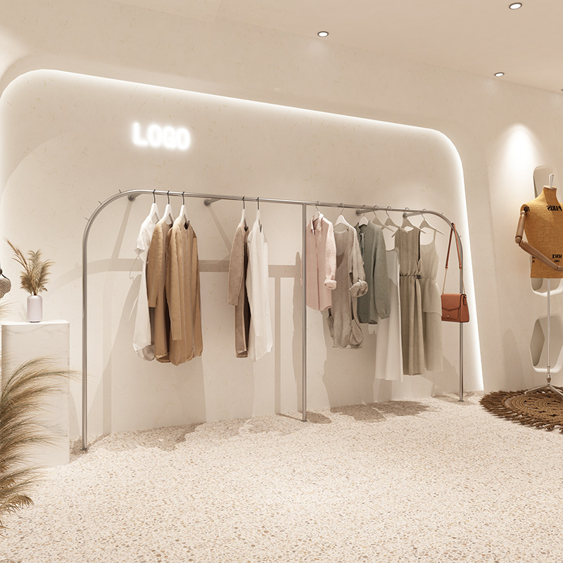 服装店展示架女装店不锈钢银色货架上墙挂衣架陈列架落地式服装架