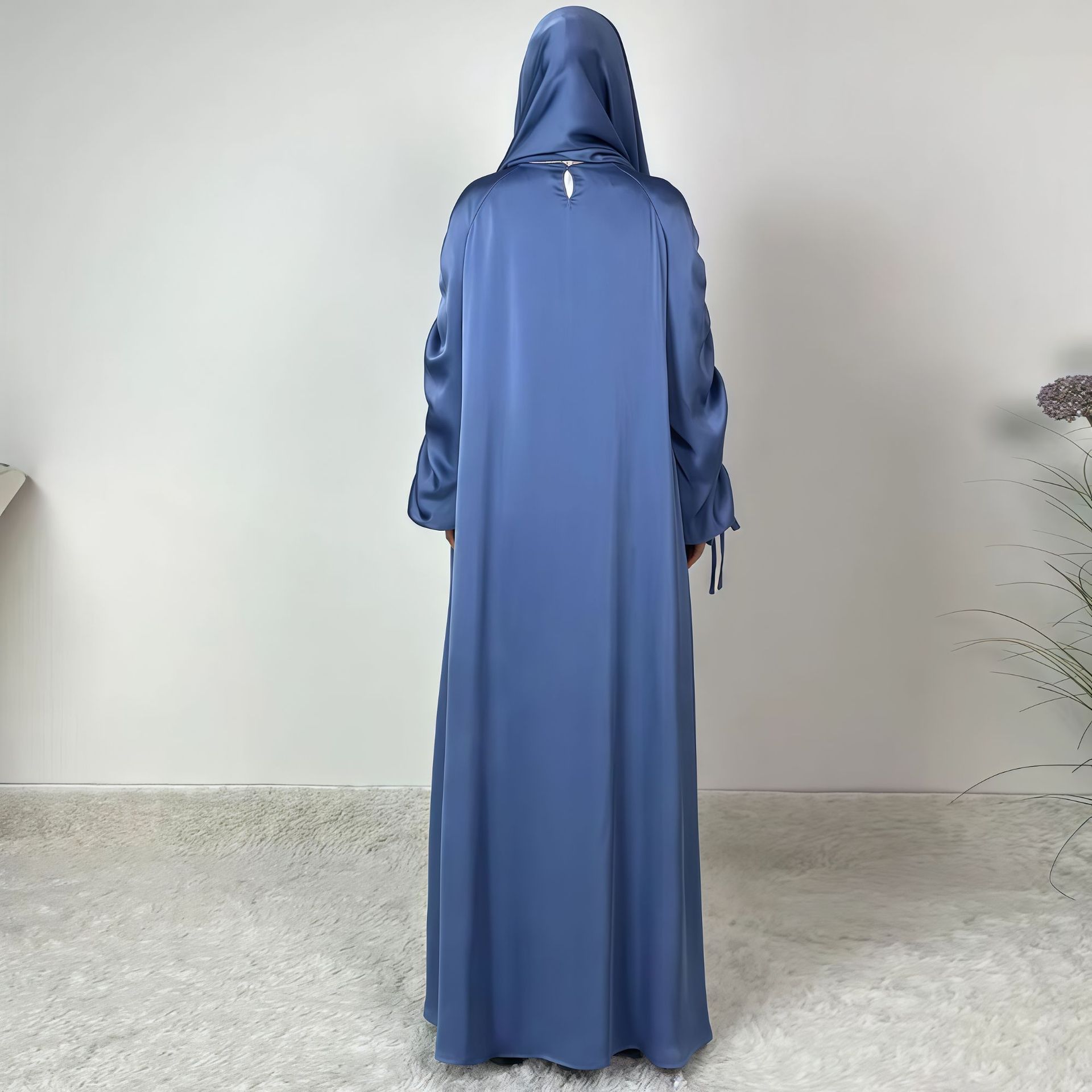 Robe abaya modeste et ensemble foulard avec plis à cordon et manches lanternes._voghion.com