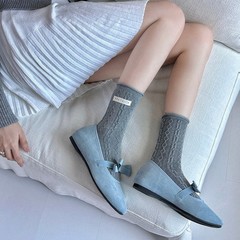 袜子女秋冬新品女士中筒袜布标韩系浮雕棉袜松口卷边月子堆堆袜子