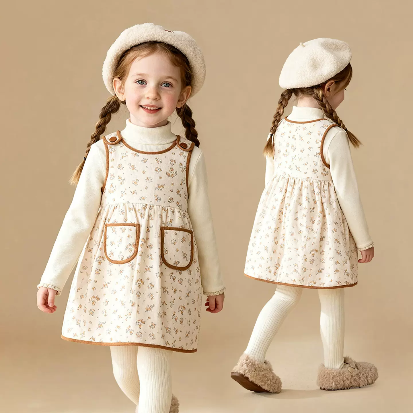 童贝童装2025年冬季新款女童连衣裙拼接碎花可爱风加绒保暖公主裙