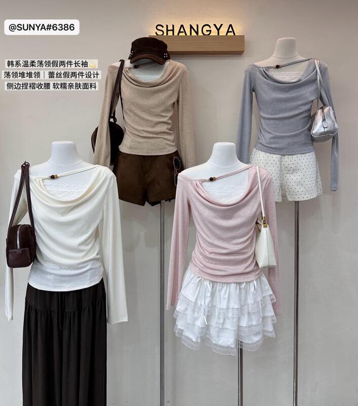 Ruoxin Autumn New Arrivals 26: Early Autumn New Beaded Swing Collar Lace Patchwork Faux Two-Piece Blouse Ruoxin Autumn New Arrivals 26: Early Autumn New Beaded Swing Collar Lace Patchwork Faux Two-Piece Blouse