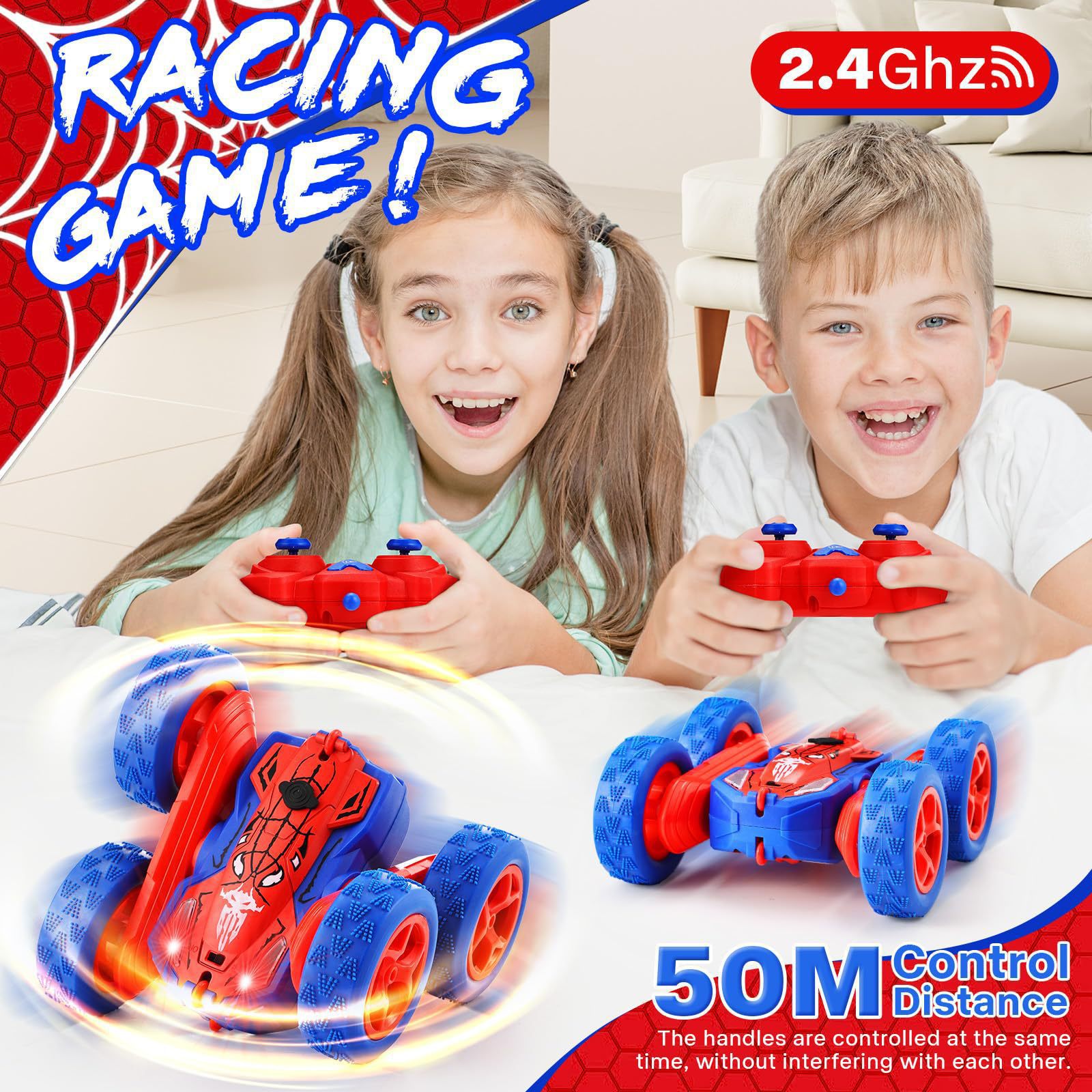 Auto de control remoto transfronterizo 2025 spray de doble brazo carro de juguete oscilante araña europea y americana doble cara a la deriva de luces de truco