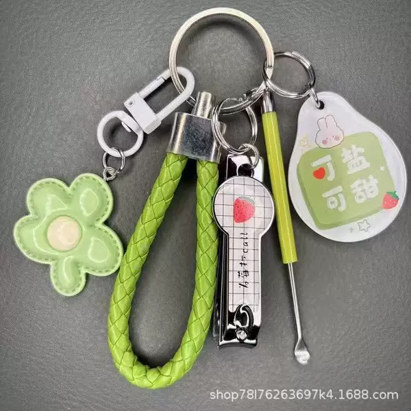 Dopamine Colorful Flower Keychain Girly Heart Pendant Accessory Nail Clipper Ear Pick Keychain Set